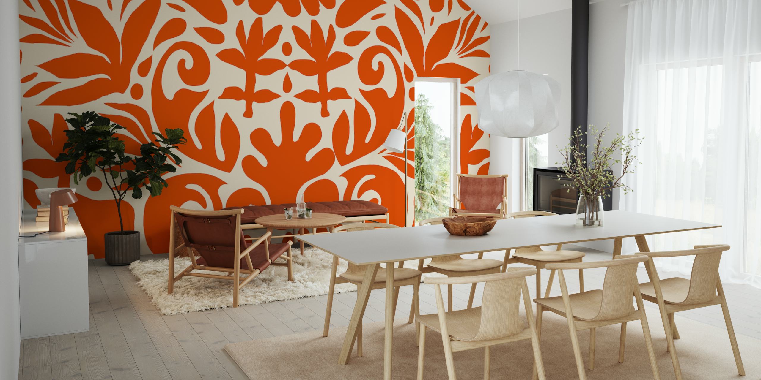 Ukrainian floral pattern in orange and cream colors wallpaper